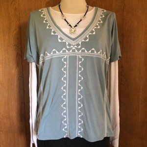 Old Navy Sage Green V Neck Embroidered Short Sleeved Blouse